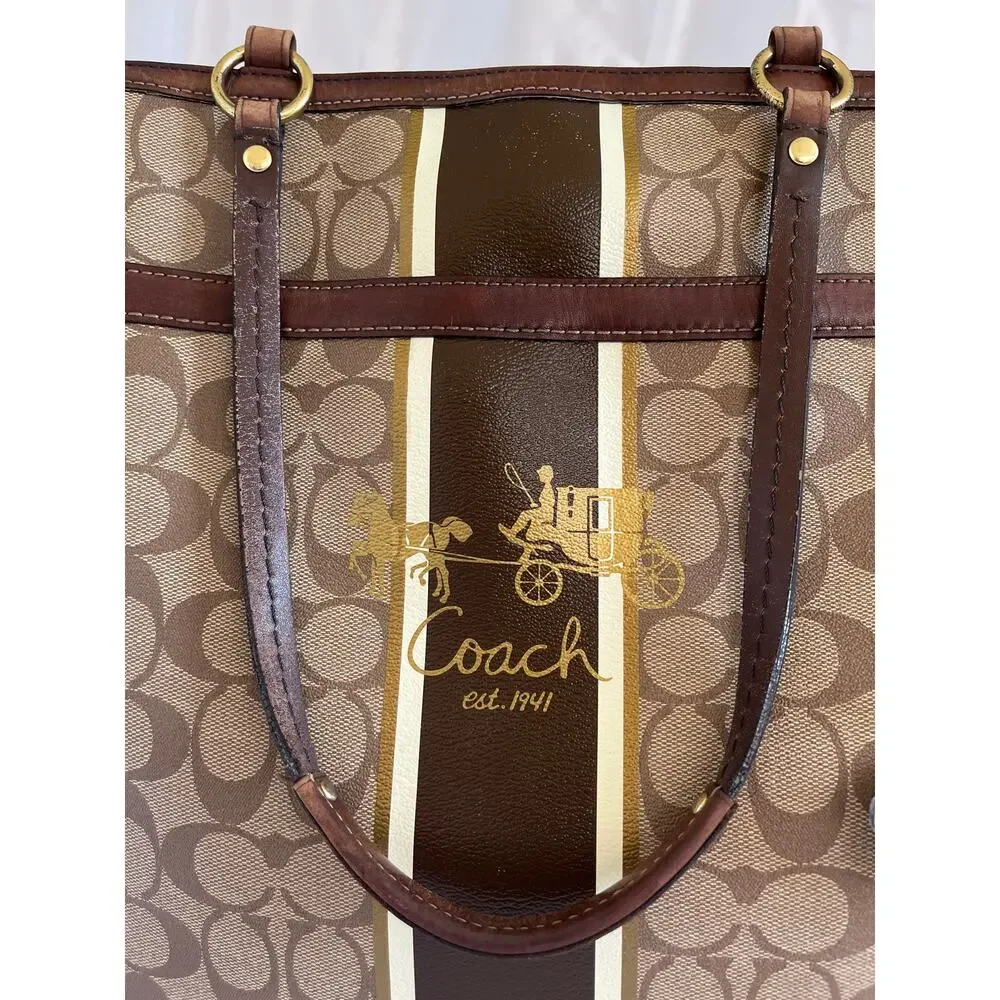 COACH Signature Heritage Stripe Tote Shoulder Bag Coated Canvas Leather - Picture 5 of 11